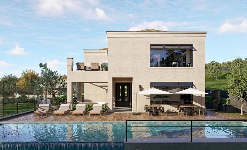 Piscina frontal com vista para a casa