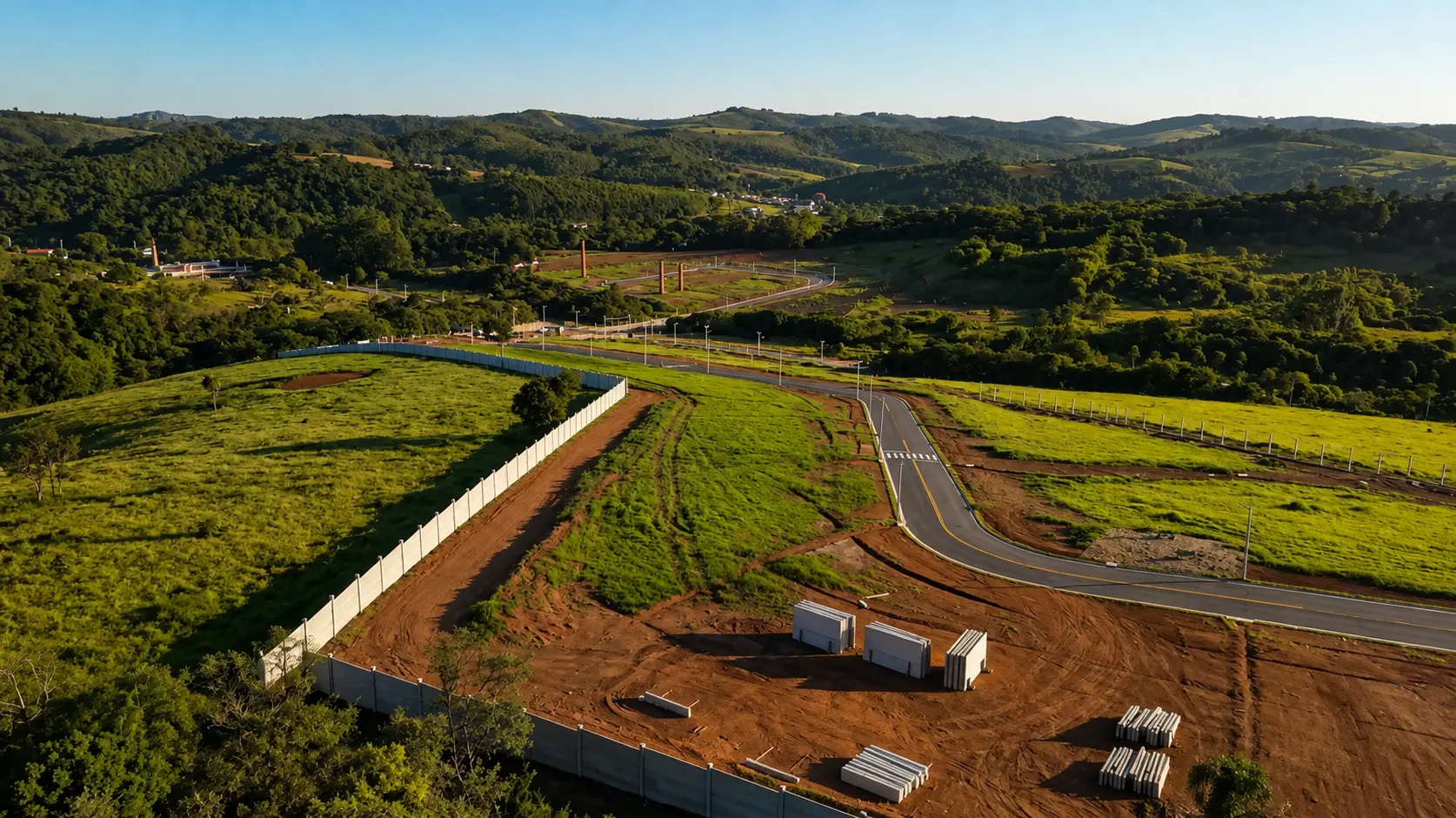 Vista aérea dos lotes do Villaggio Caxambu com as chaminés históricas