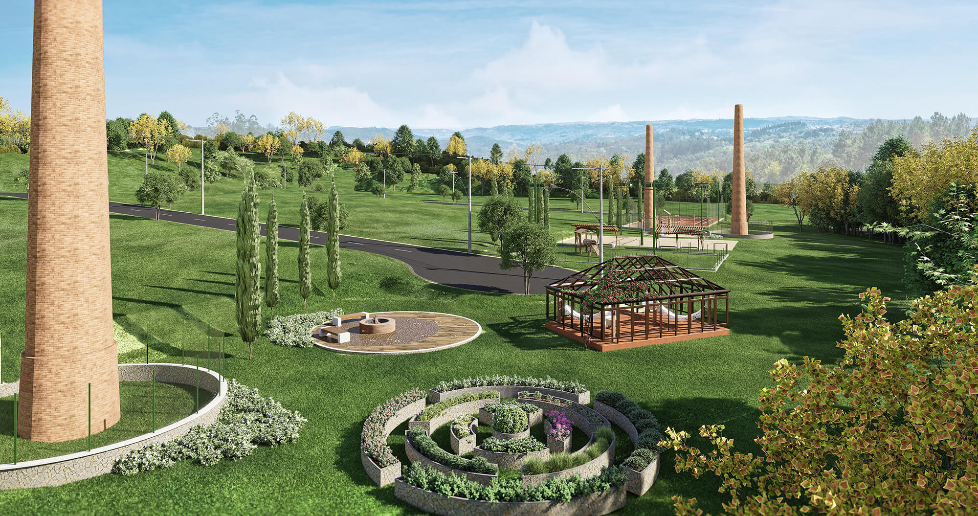 Paisagem do Villaggio Caxambu com jardins, pergolado e chaminés históricas