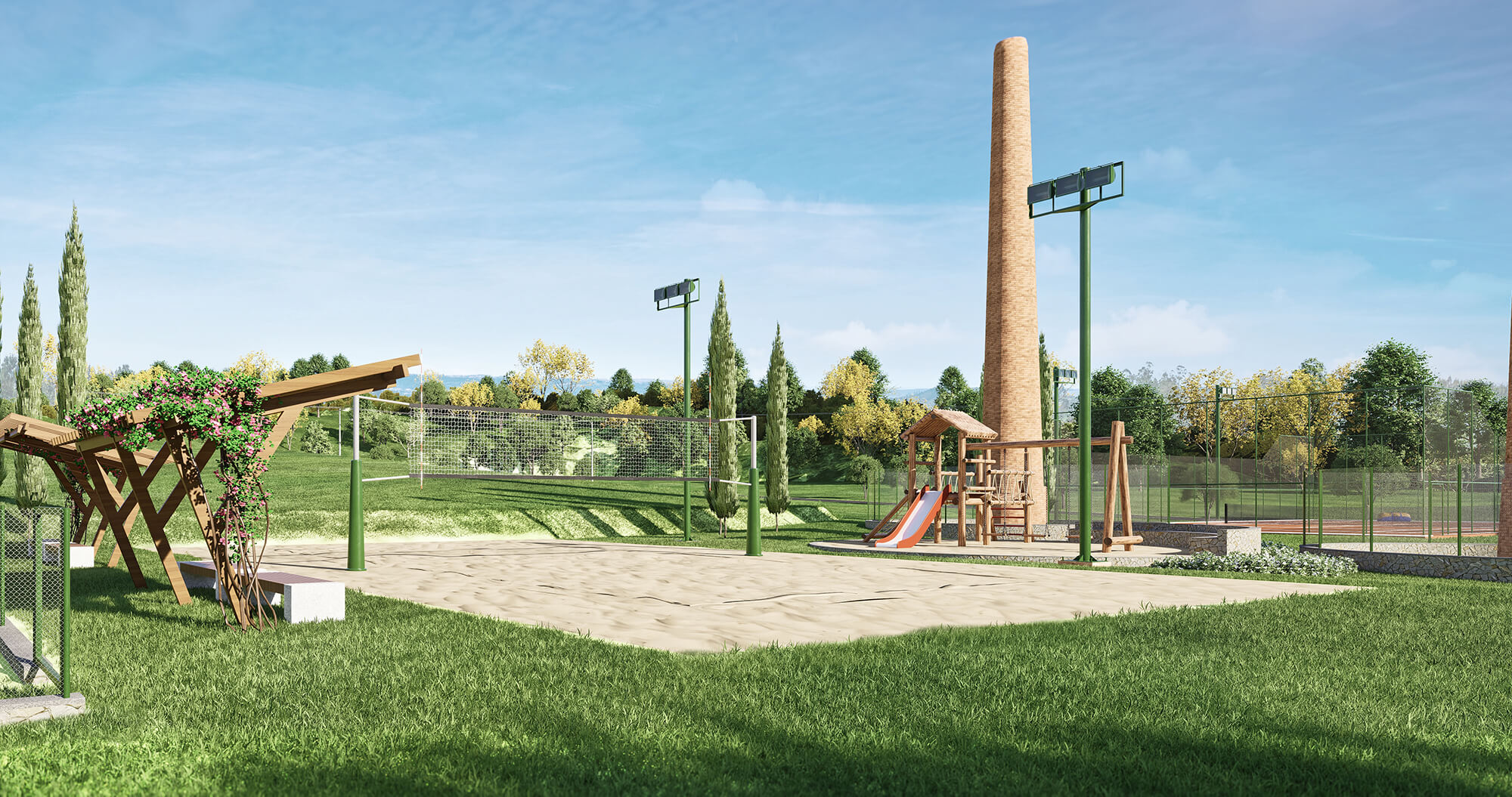 Quadra de beach tennis e playground do Villaggio Caxambu